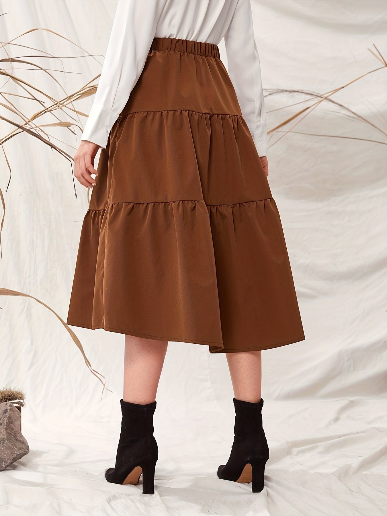 Ruched Elastic Waist Midi Skirt for Women