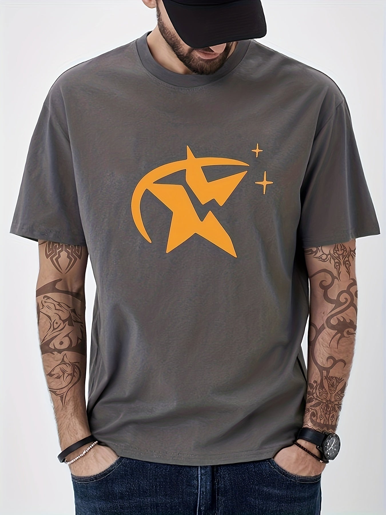 Cotton Star Print Men's Crew Neck T-shirt for Summer