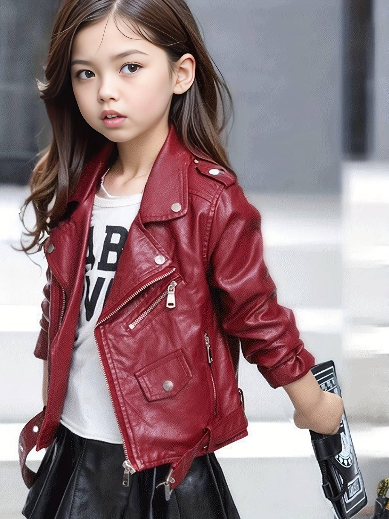 Girls Leather Jacket Kid Outwear Zipper Faux Leather Spring Autumn Pu Jacket