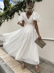 Plunging Wedding Dress Puff Sleeve Maxi Dress
