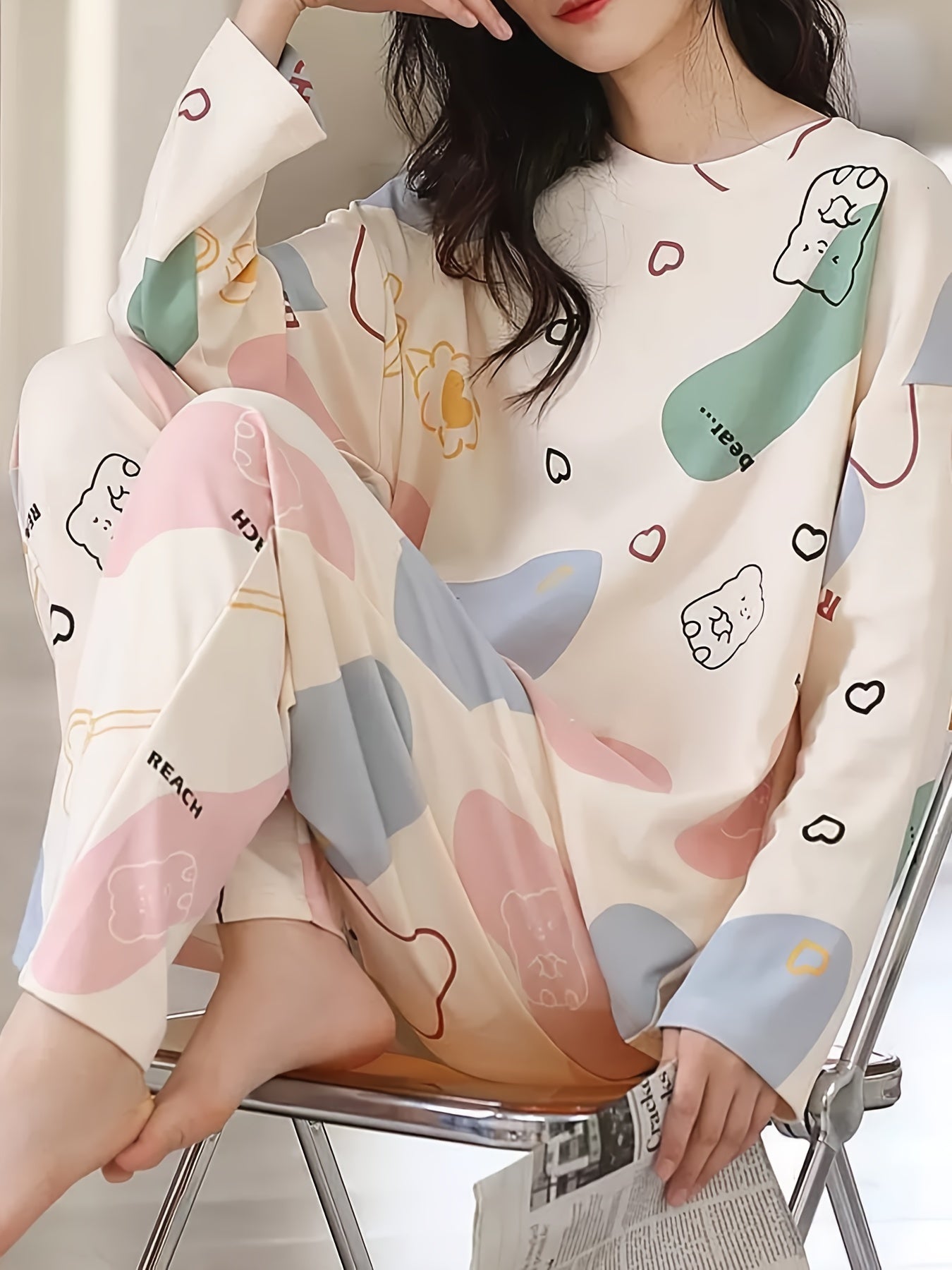 Cartoon Print Pajama Set Long Sleeve Top & Elastic Waistband Pants
