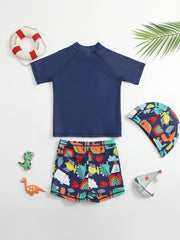 Kids Dinosaur Swimsuit Set - T Shirt, Trunks, Cap