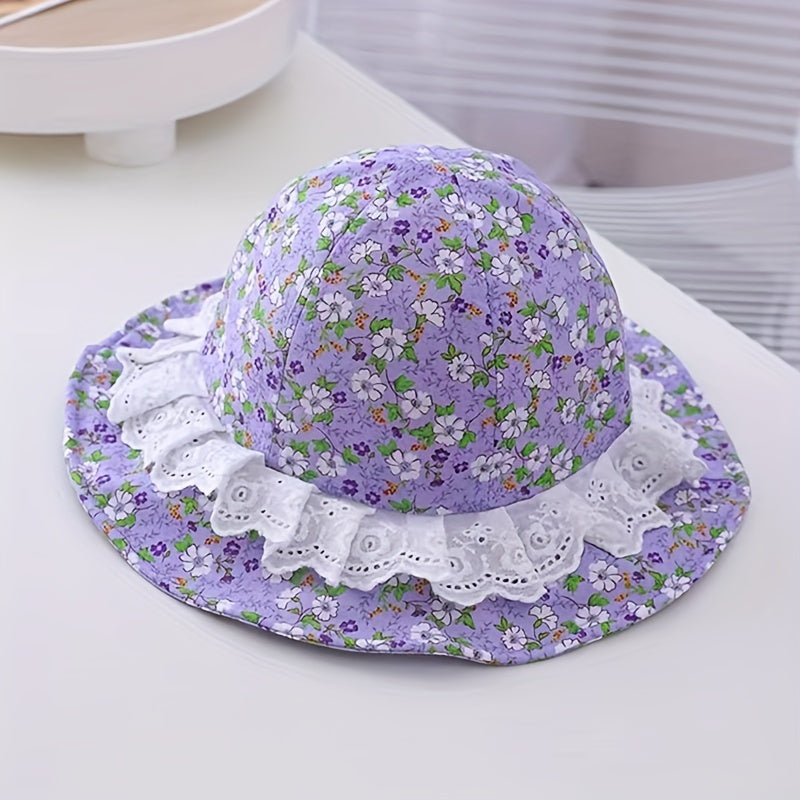 Kids Floral Lace Trim Bucket Hat With Windproof Rope