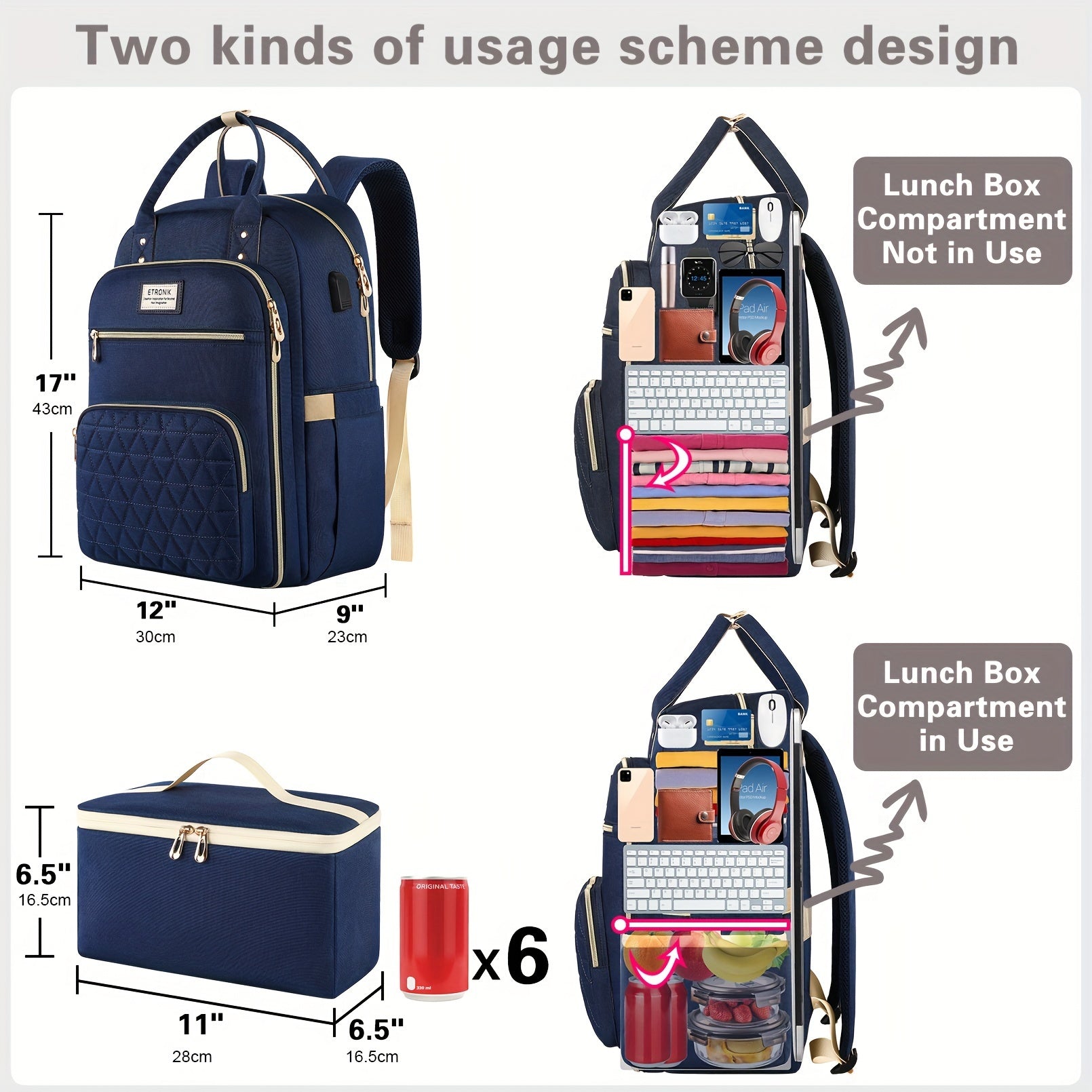 ETRONIK Women's Lunch Backpack 39 Laptop Backpack with Insulated Cooler