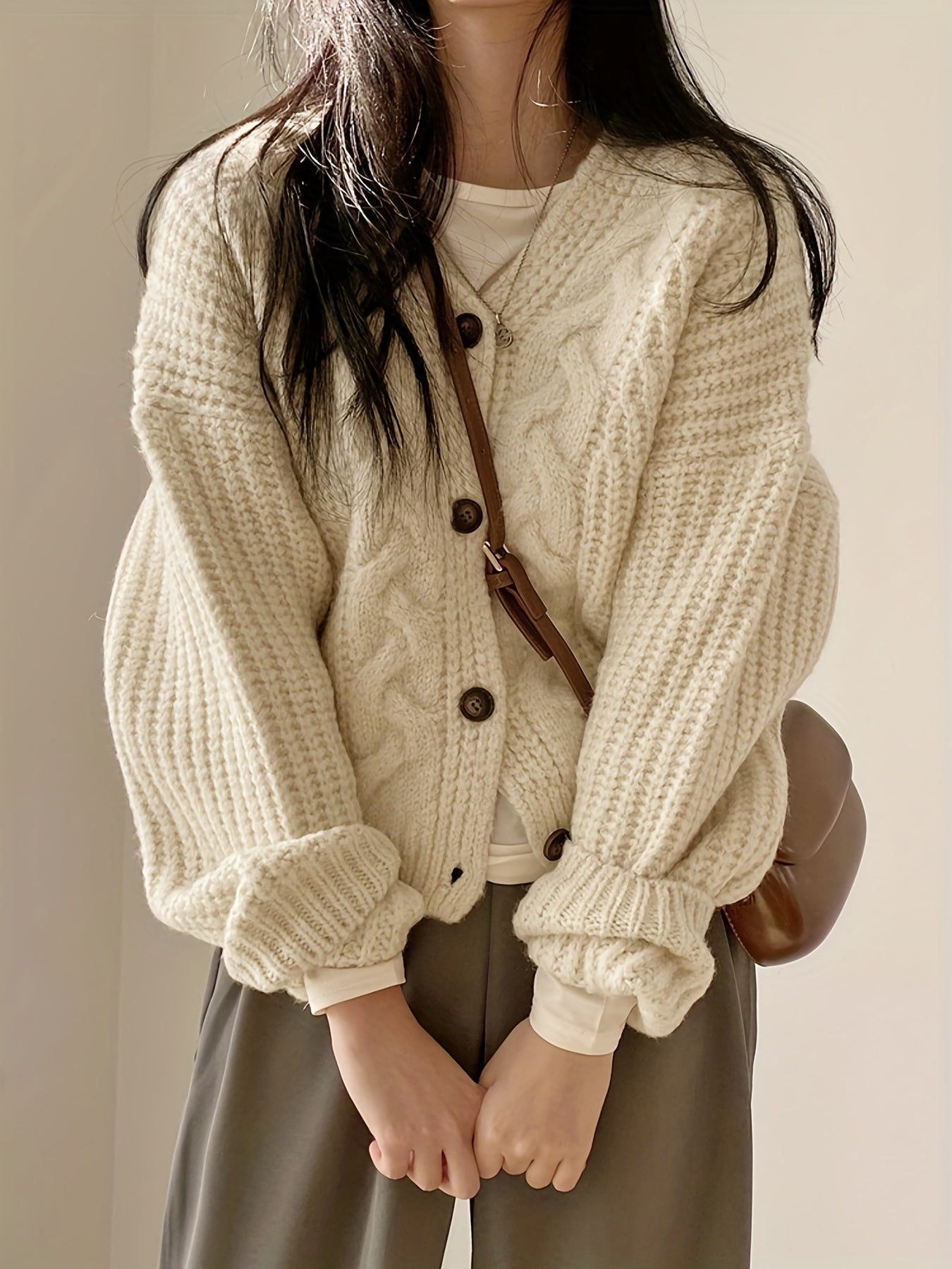 Chunky Knit Cardigan Long Sleeve Vintage Style Fall Winter Women's Clothing