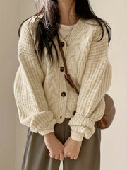 Chunky Knit Cardigan Long Sleeve Vintage Style Fall Winter Women's Clothing