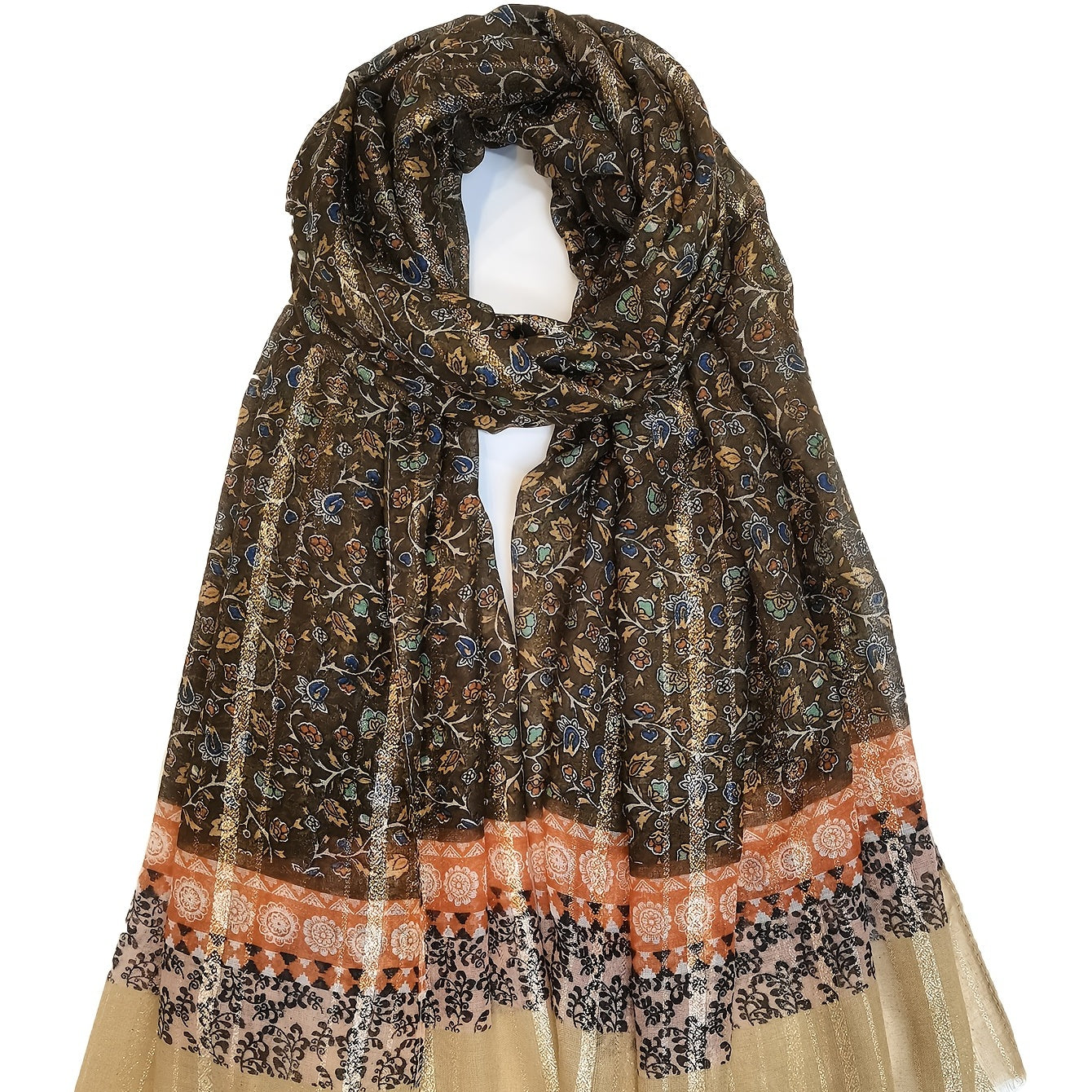 Brown Vintage Scarf Boho Floral Print Voile Shawl Frayed Edge Head Wrap
