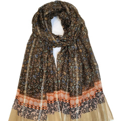 Brown Vintage Scarf Boho Floral Print Voile Shawl Frayed Edge Head Wrap