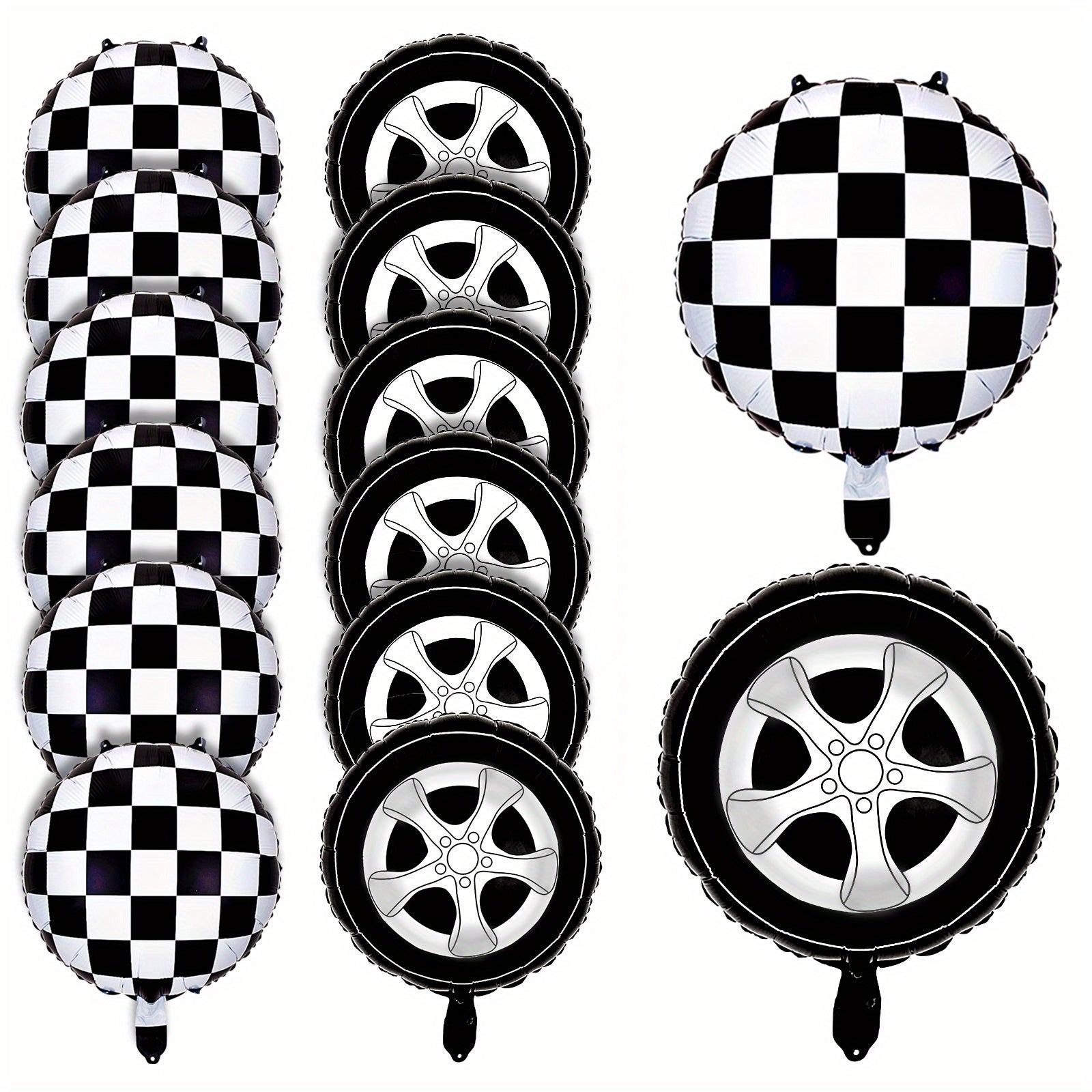 12 Pcs Checkered Racing Balloons & Car Wheel Aluminum Foil Race Car Balloons