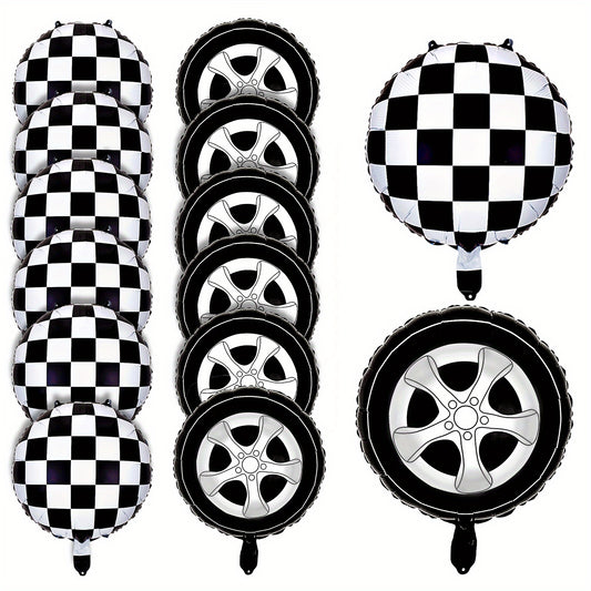 12 Pcs Checkered Racing Balloons & Car Wheel Aluminum Foil Race Car Balloons