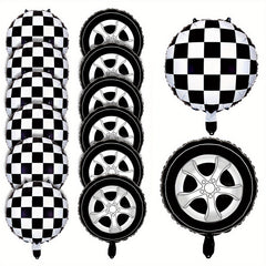 12 Pcs Checkered Racing Balloons & Car Wheel Aluminum Foil Race Car Balloons