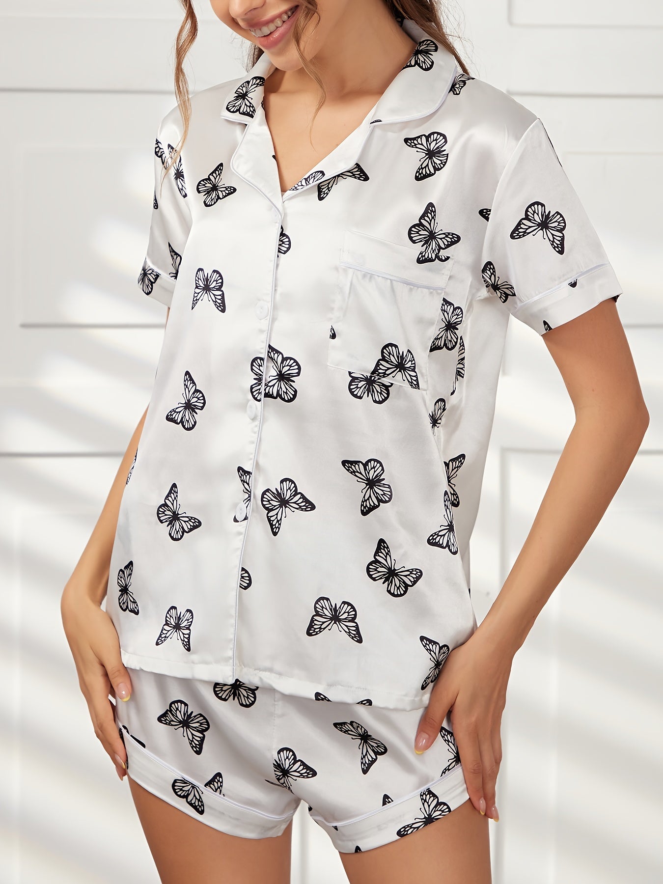 Butterfly Print Pajama Set Short Sleeve Top & Shorts