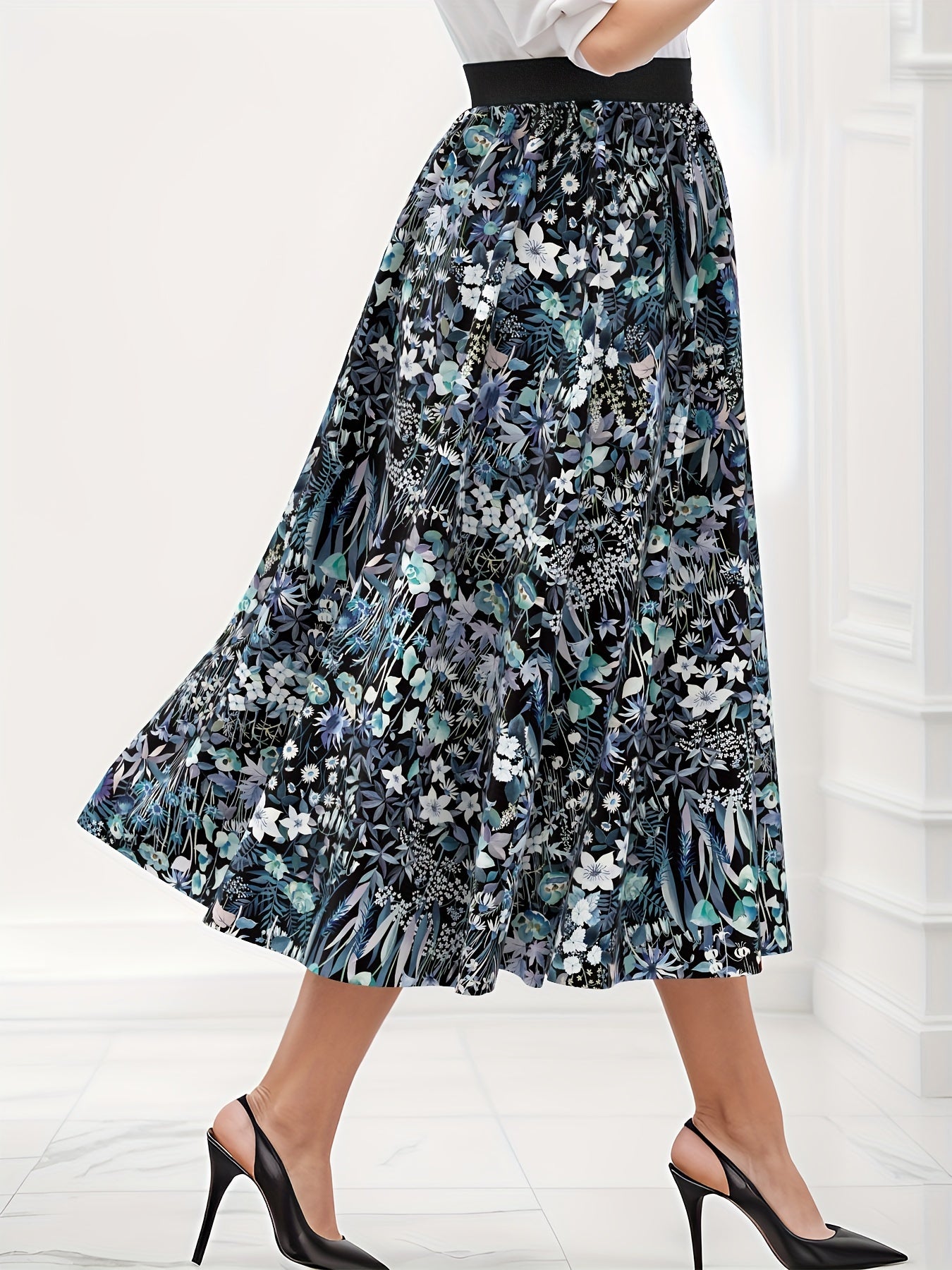 Boho Skirt Women's Plus Floral Print Elastic Tape High Rise