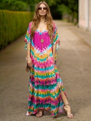 Boho Tie Dye Bat Sleeve V Neck Cover Up Dress