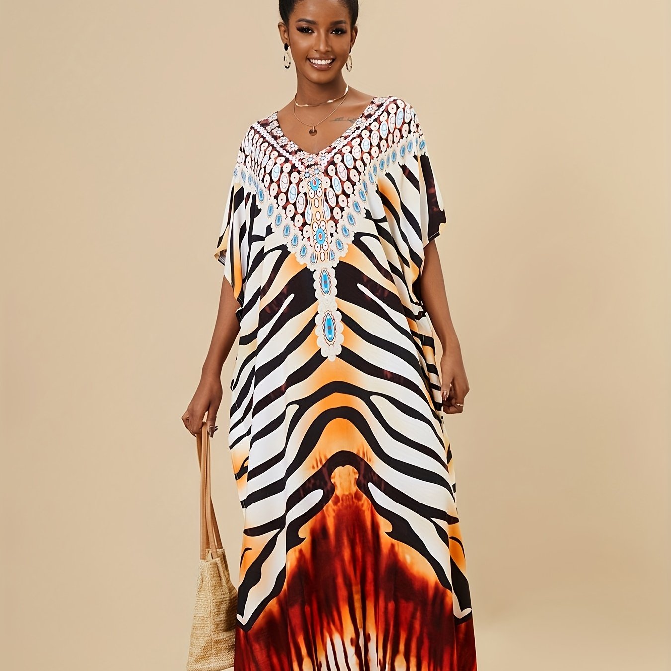 Boho Style Cover Up Dress V Neck Loose Fit Kaftan