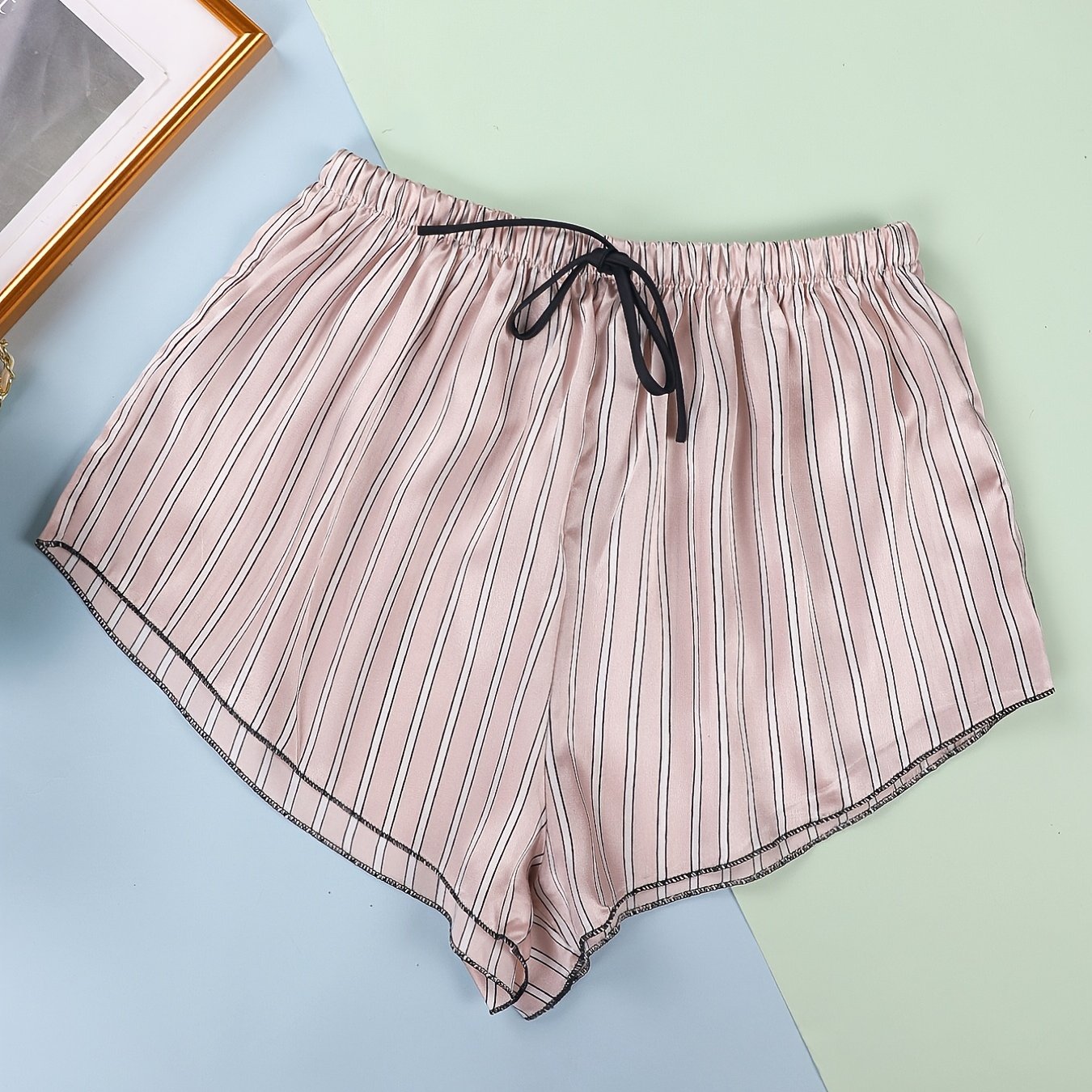 Striped Satin Sleep Bottoms Lace Up Shorts Women's Sleepwear