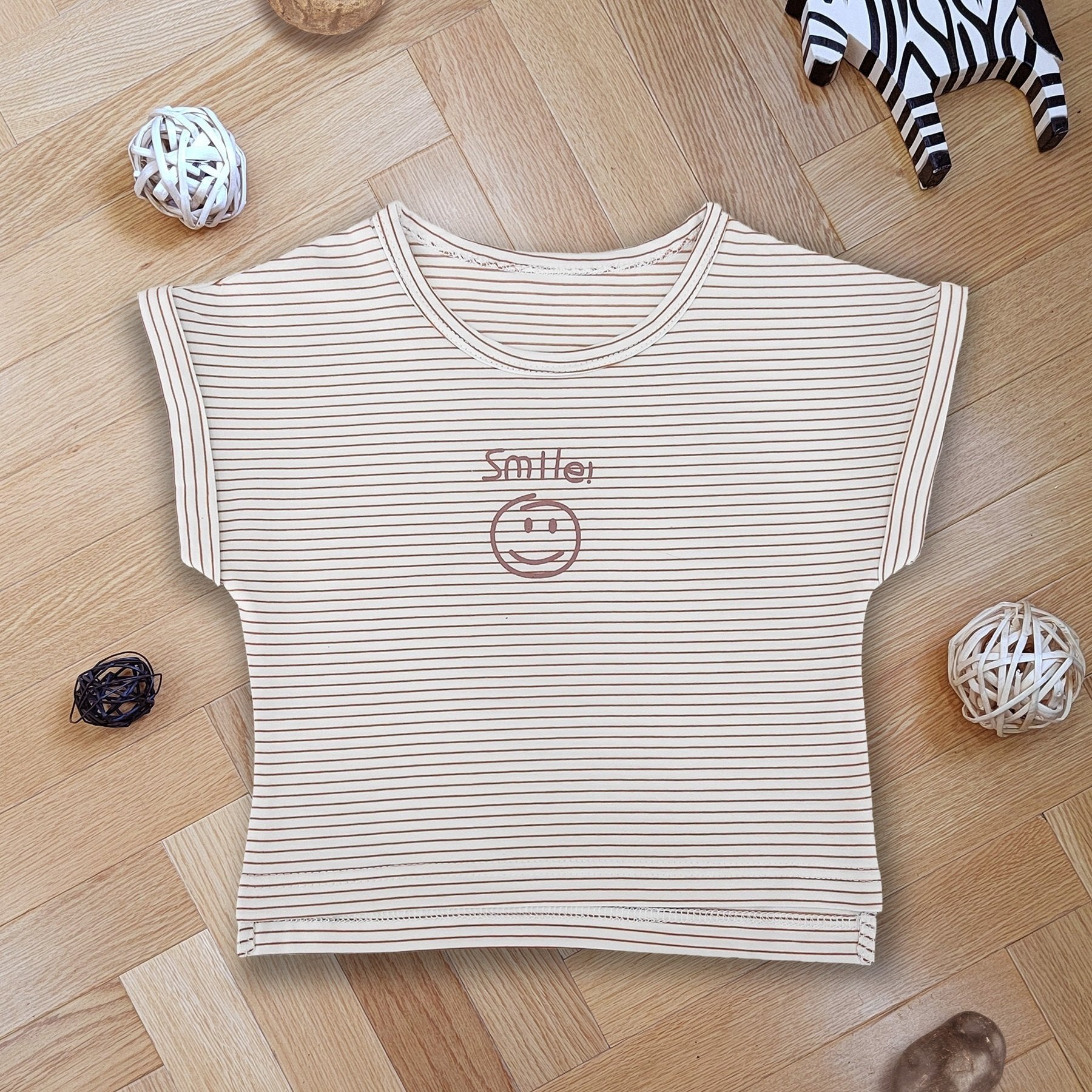 Striped Smile Print Short Sleeve Baby Cotton T Shirt