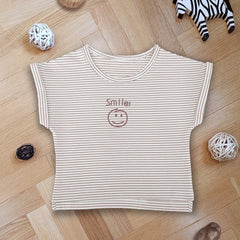 Striped Smile Print Short Sleeve Baby Cotton T Shirt