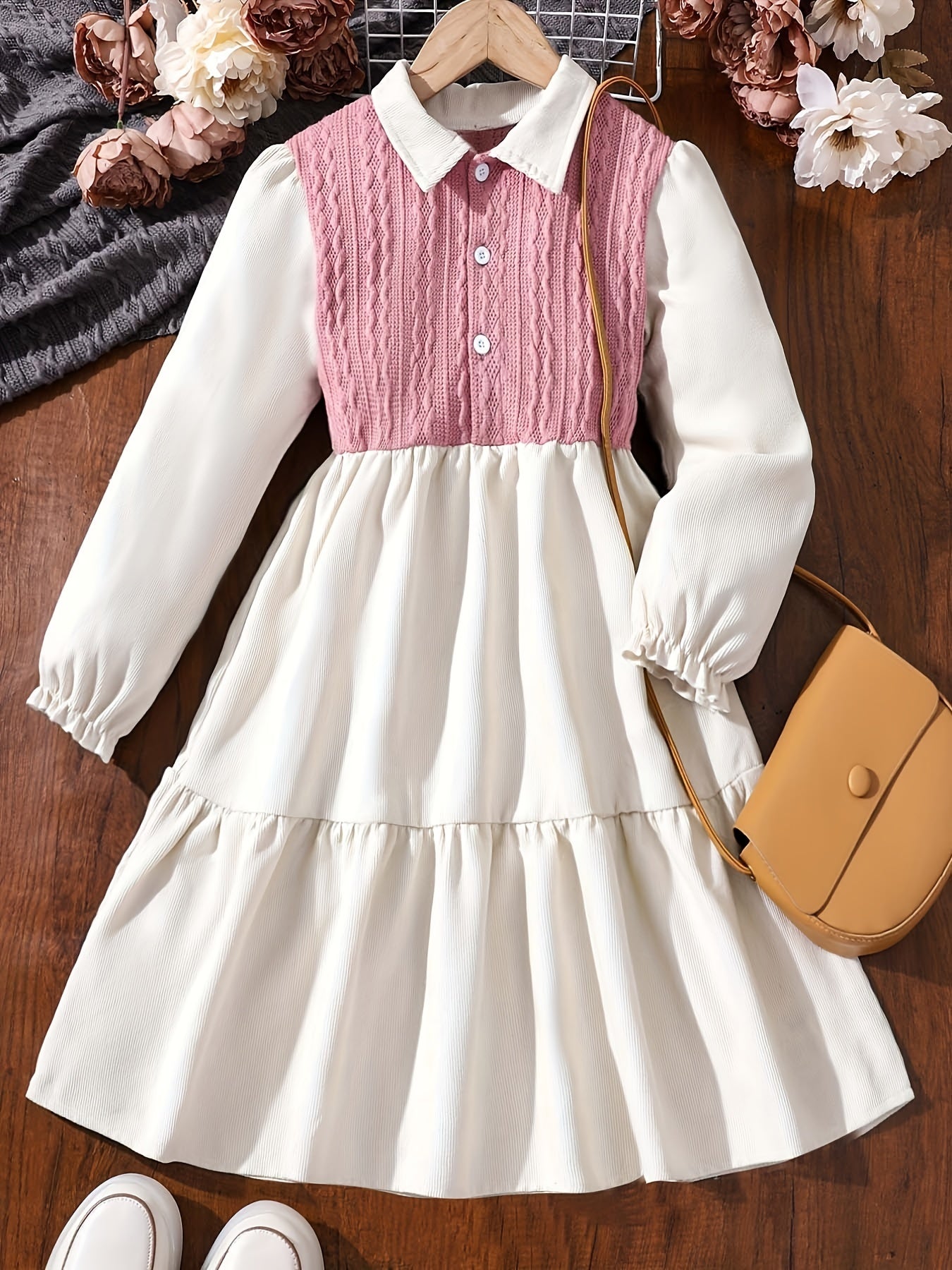 Girls' Colorblock Stitching Button Collar Long Sleeve Casual Dress