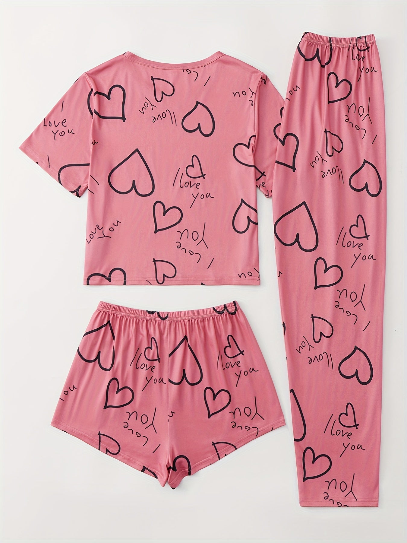Letter & Heart Print Pajamas Set Short Sleeve Crew Neck Top & Shorts