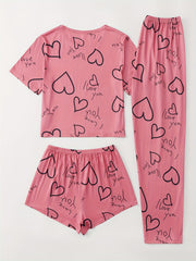Letter & Heart Print Pajamas Set Short Sleeve Crew Neck Top & Shorts