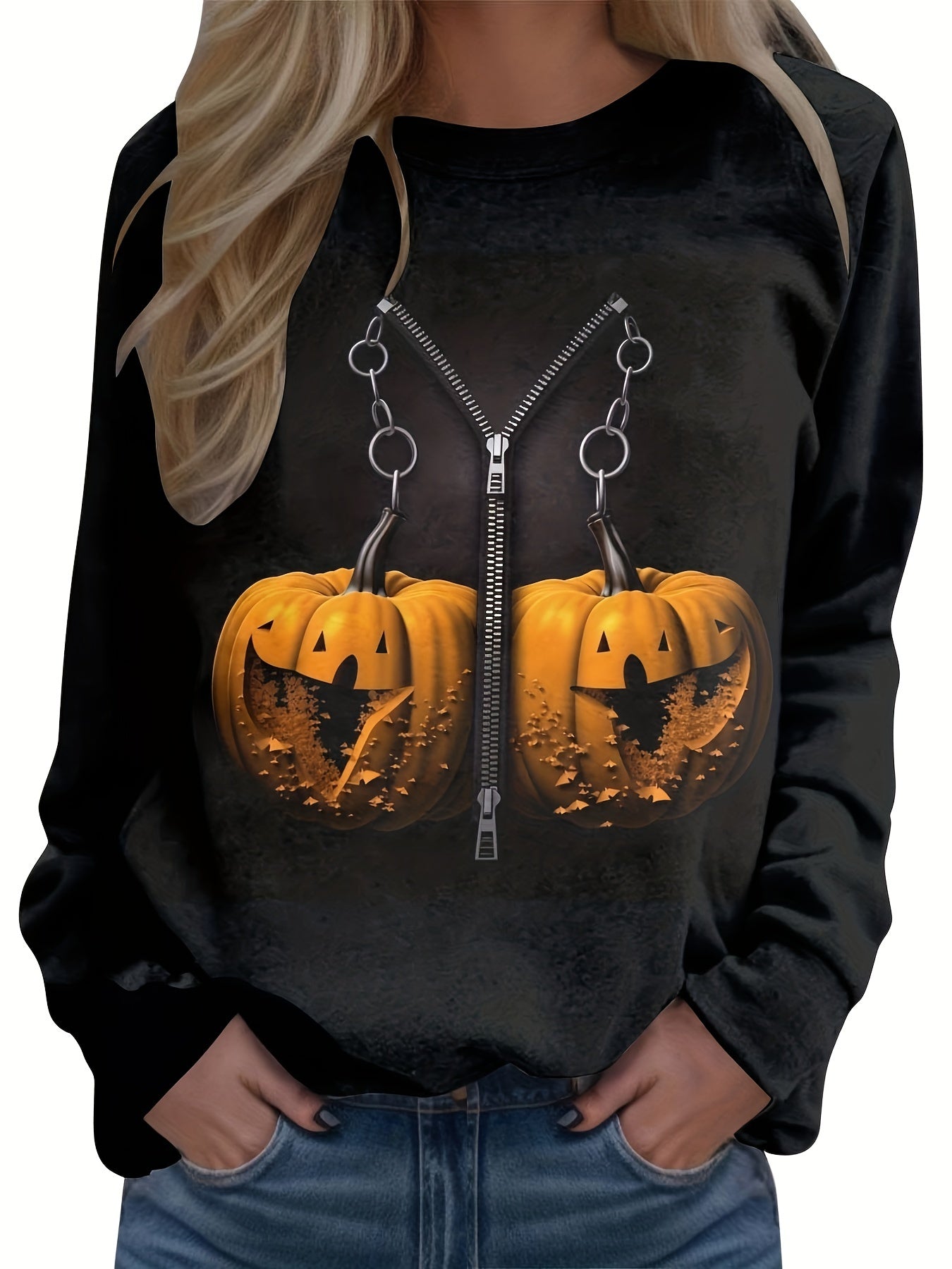 Halloween Pumpkin Printed Sweatshirt Round Neck Casual Pullover