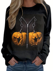 Halloween Pumpkin Printed Sweatshirt Round Neck Casual Pullover