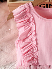Girls Floral Print Lace Mesh Dress Kids Summer Clothing