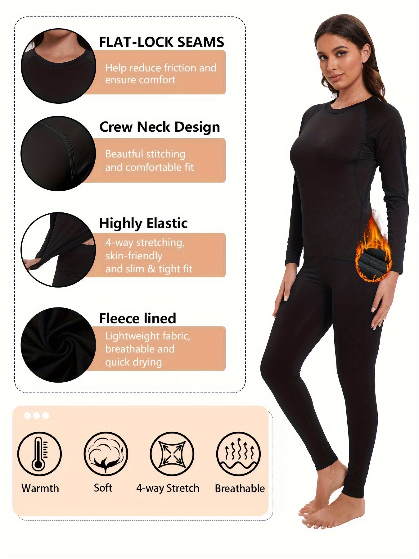 2Pcs Base Layer Set T Shirt & Fleece Pant Thermal Underwear Women's Activewear