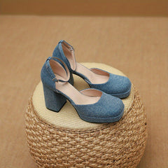 Women's Square Toe Block Heel Pumps with Buckle Strap