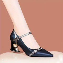 Flower Decor Chunky Heel Party Pumps Buckle Strap Dress Heels