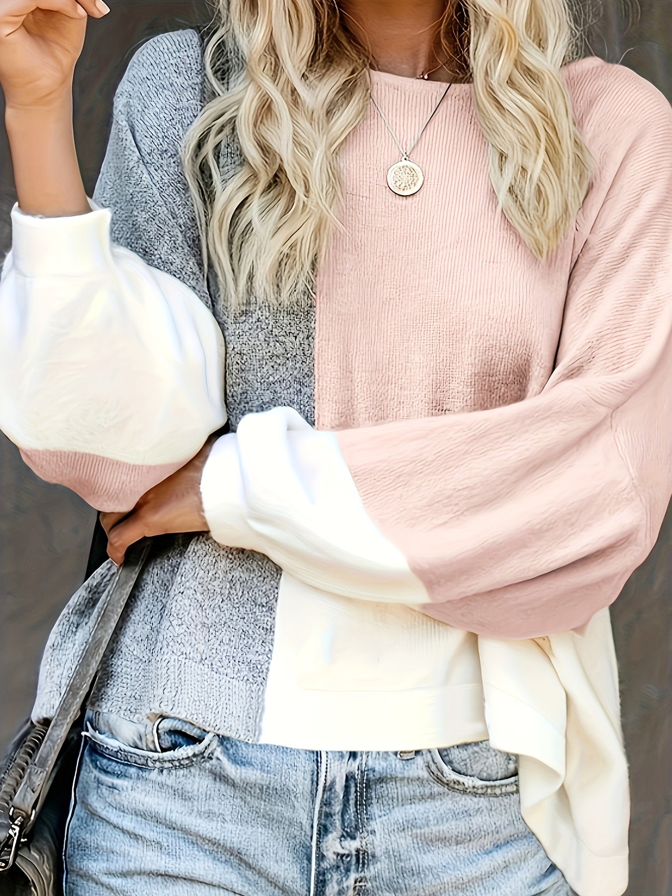 Casual Colorblock Lantern Sleeve Sweater