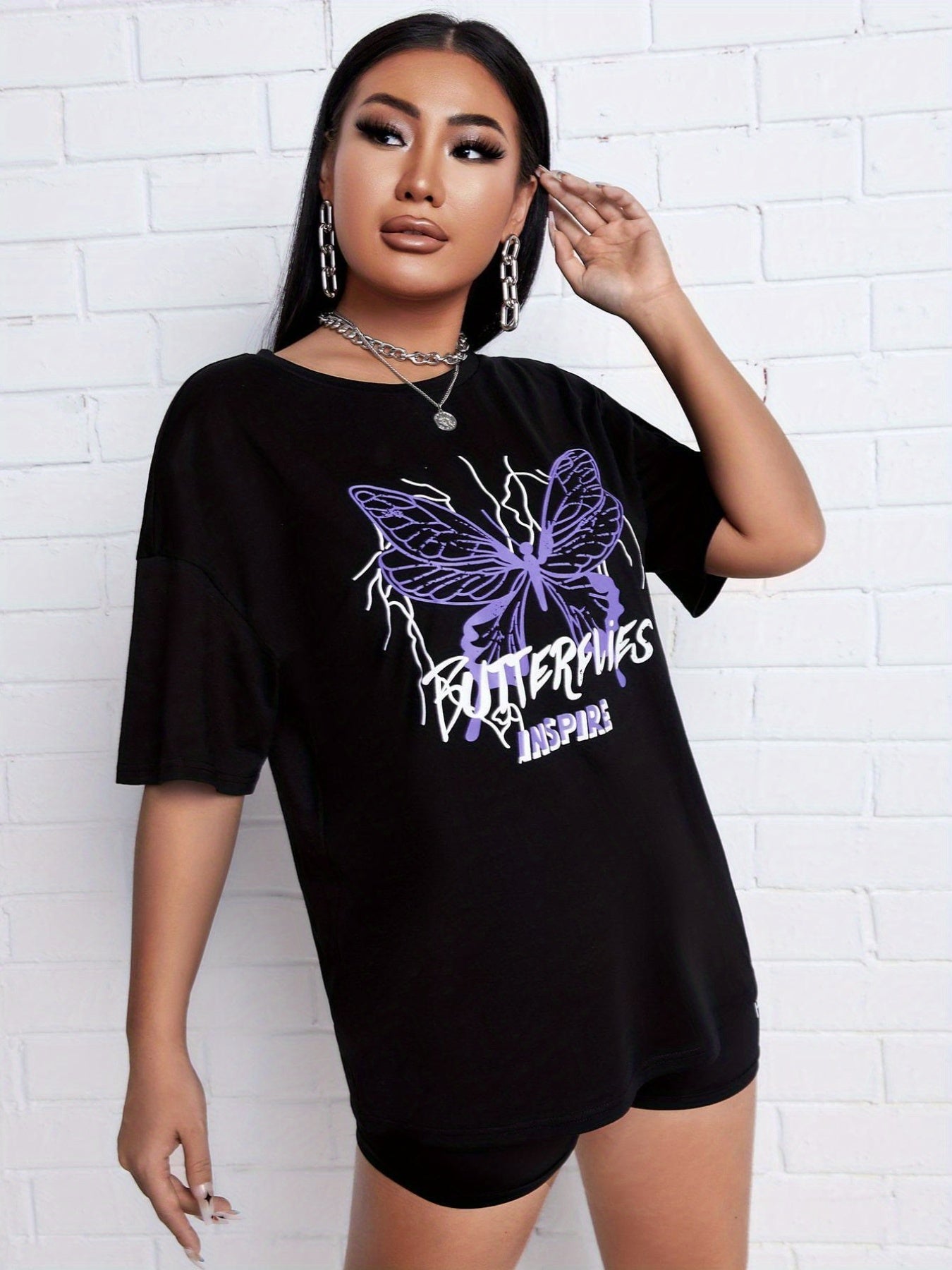 Butterfly Print T-shirt & Biker Shorts Set Women's Outfit