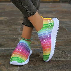 Women's Rainbow Rhinestone Sock Sneakers Slip On Sports Shoes