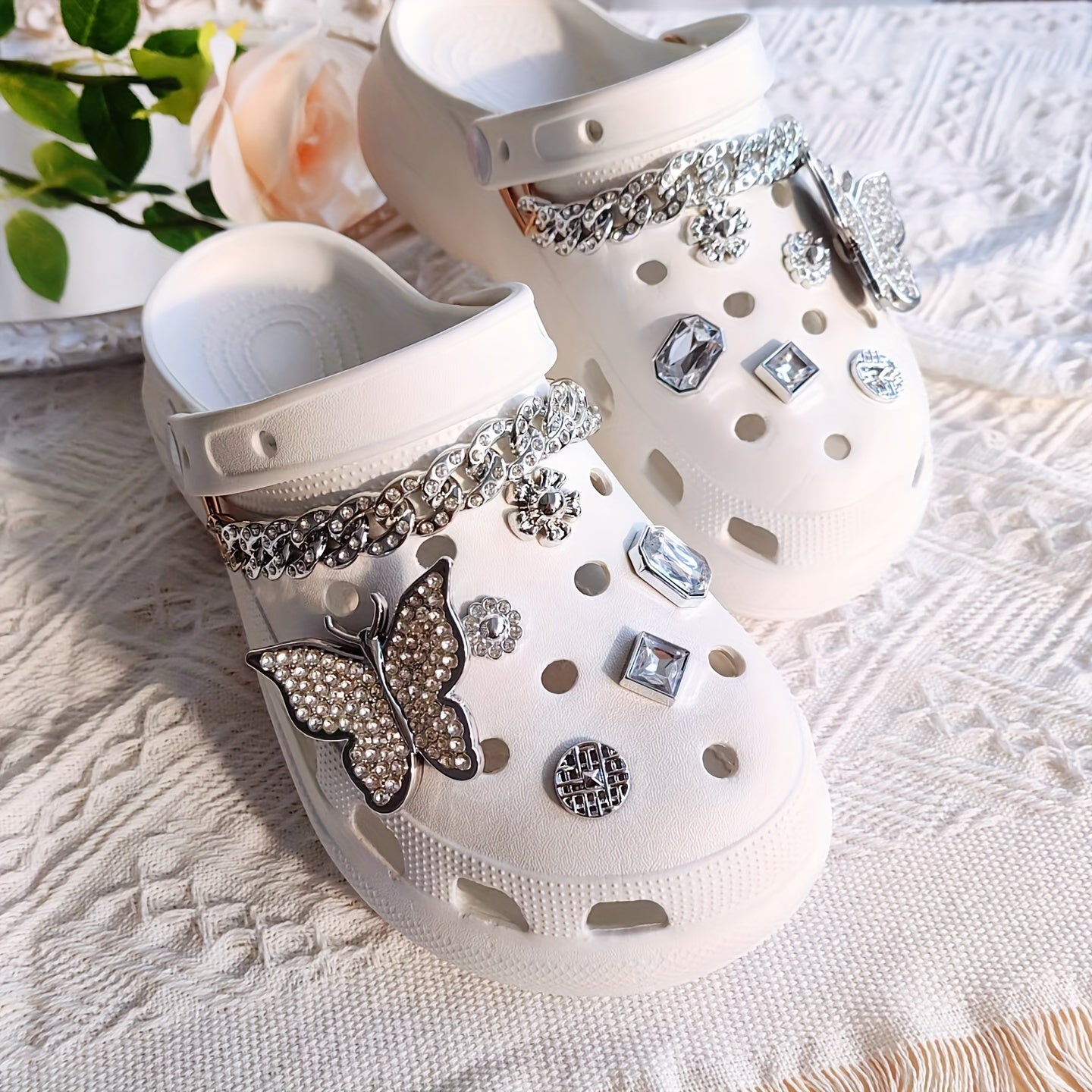 14pcs Clog Accessories Silver Butterfly Sunflowers Chains for Women's Clogs