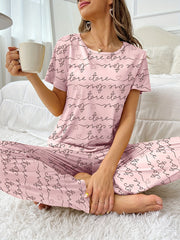 Casual Letter Print Pajama Set Short Sleeve Top & Elastic Waistband Pants