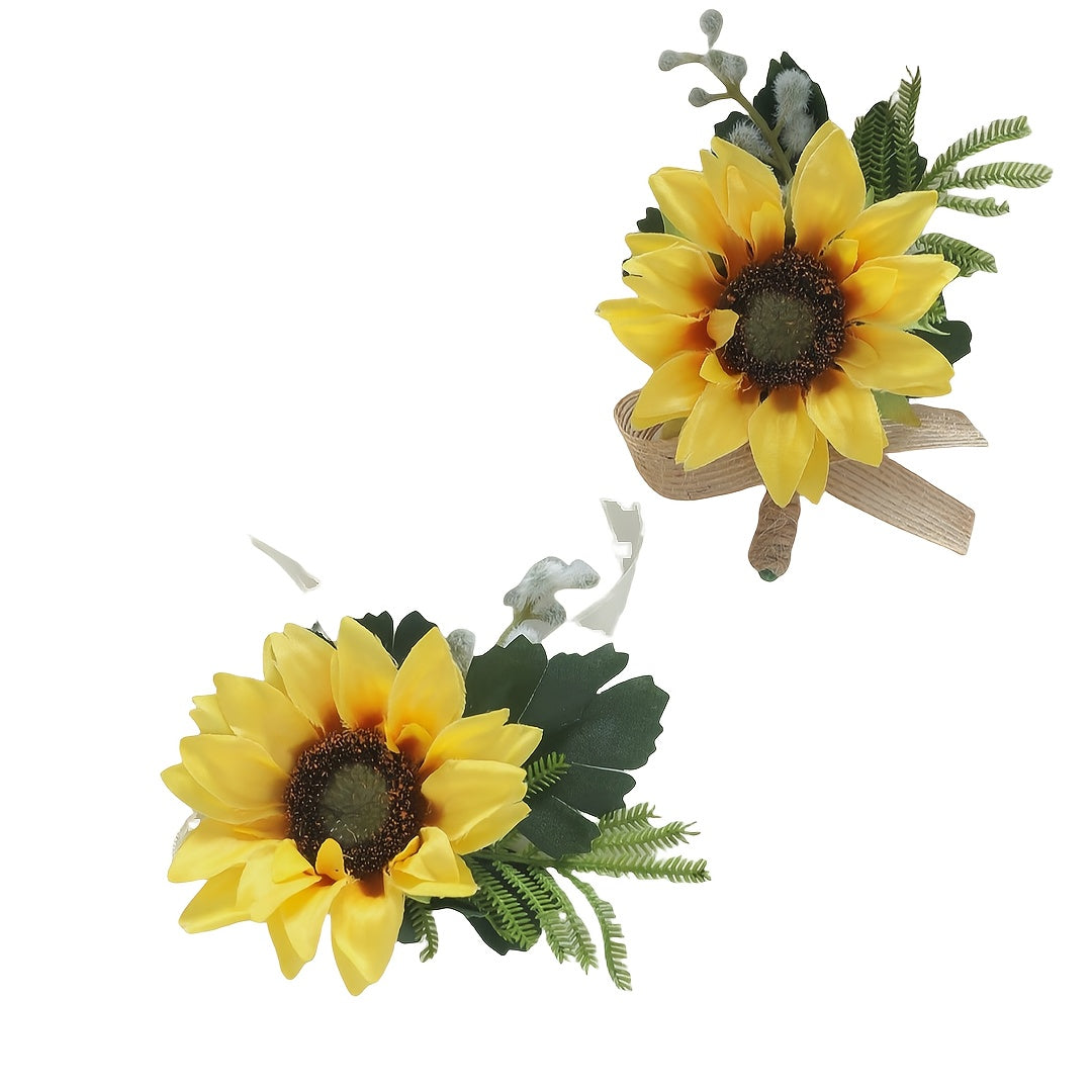 Sunflower & Greenery Wristlet Bouquet Set - Vibrant Yellow Sunflowers