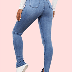 High Waist Skinny Jeans Split High Rise Slim Fit Slash Pockets Denim Pants