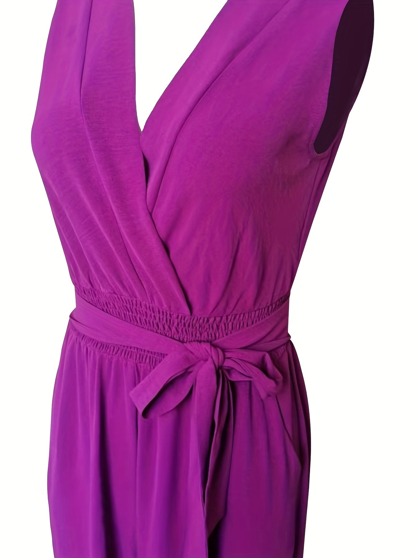 Surplice Neck Sleeveless Shirred Jumpsuit Solid Belted Waist Wide Leg Jumpsuit