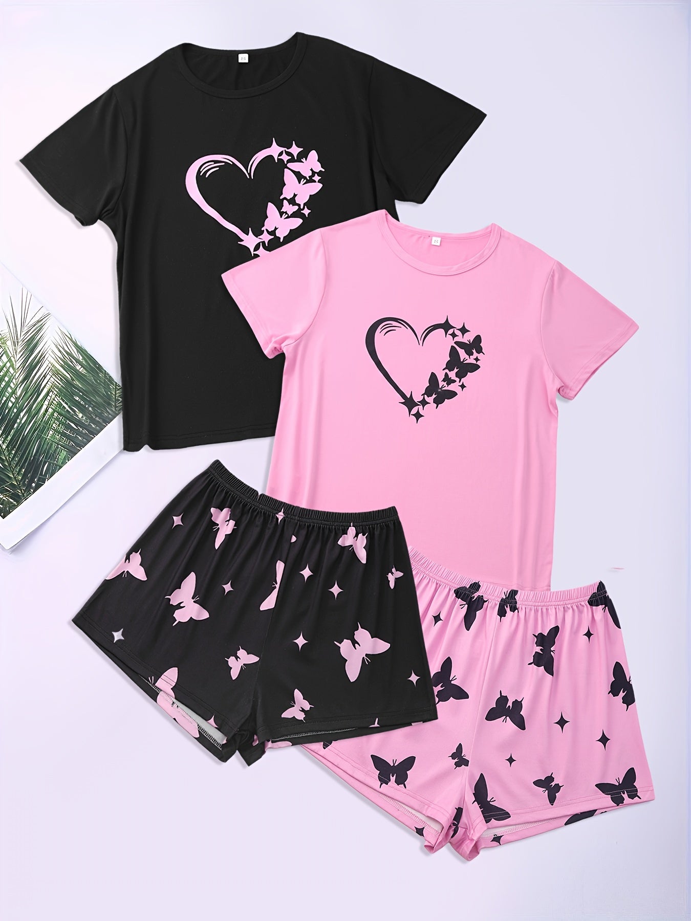 Heart & Butterfly Print Pajama Sets Short Sleeve Crew Neck Top & Shorts