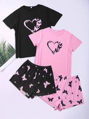 Heart & Butterfly Print Pajama Sets Short Sleeve Crew Neck Top & Shorts