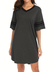 Striped Short Sleeve Lounge Dress Soft & Comfy V Neck Home Dress Women's Lounge