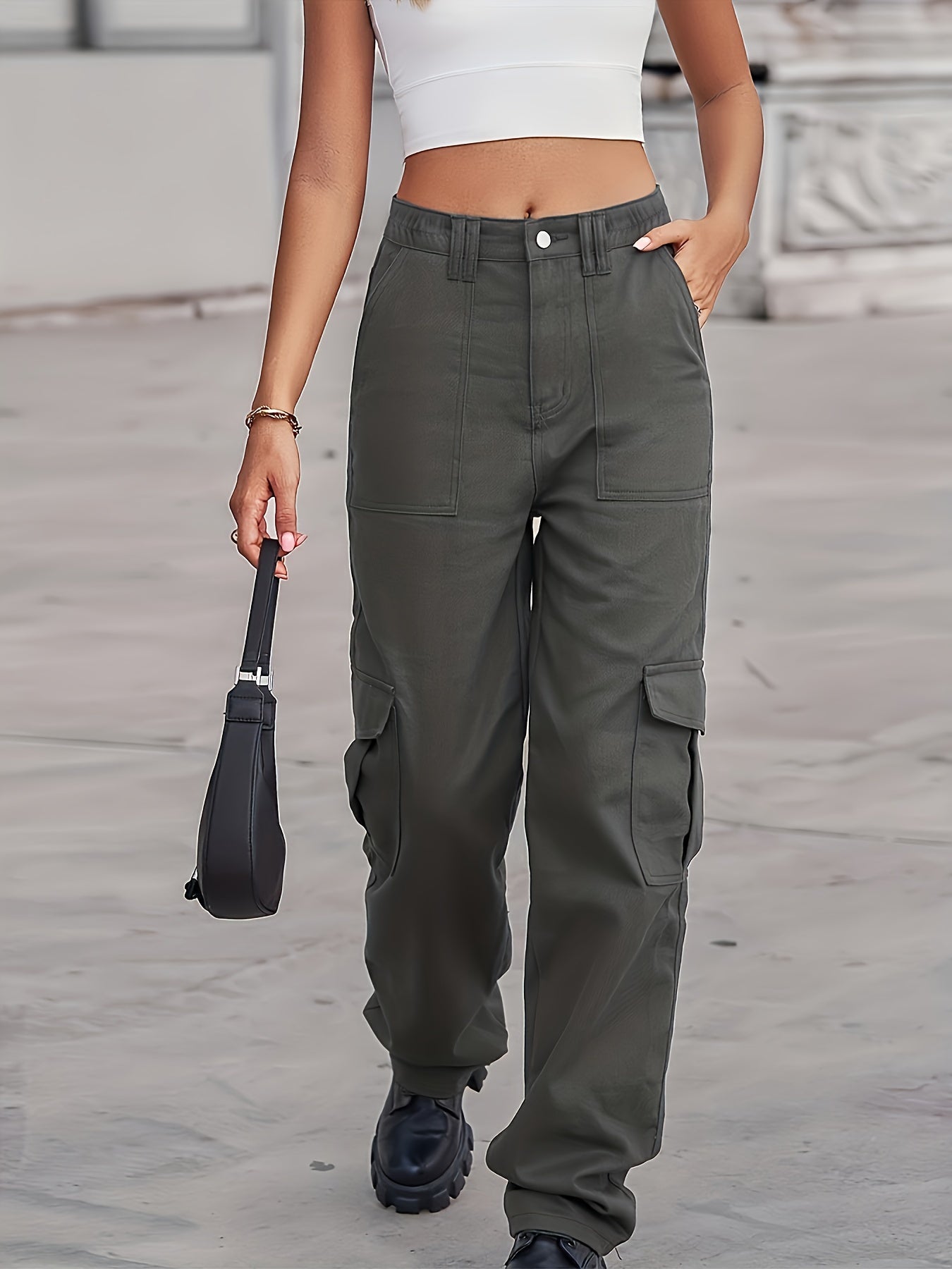 Loose Fit Cargo Denim Pants Mid Waist Straight Legs Denim Pants