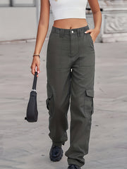 Loose Fit Cargo Denim Pants Mid Waist Straight Legs Denim Pants