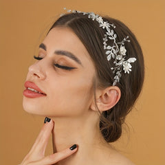 Crystal Faux Pearl Headband Tiara Silvery Flower Rhinestone Hairband