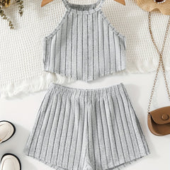Girl's 2pcs Ribbed Halter Camisole & Elastic Waist Shorts Set