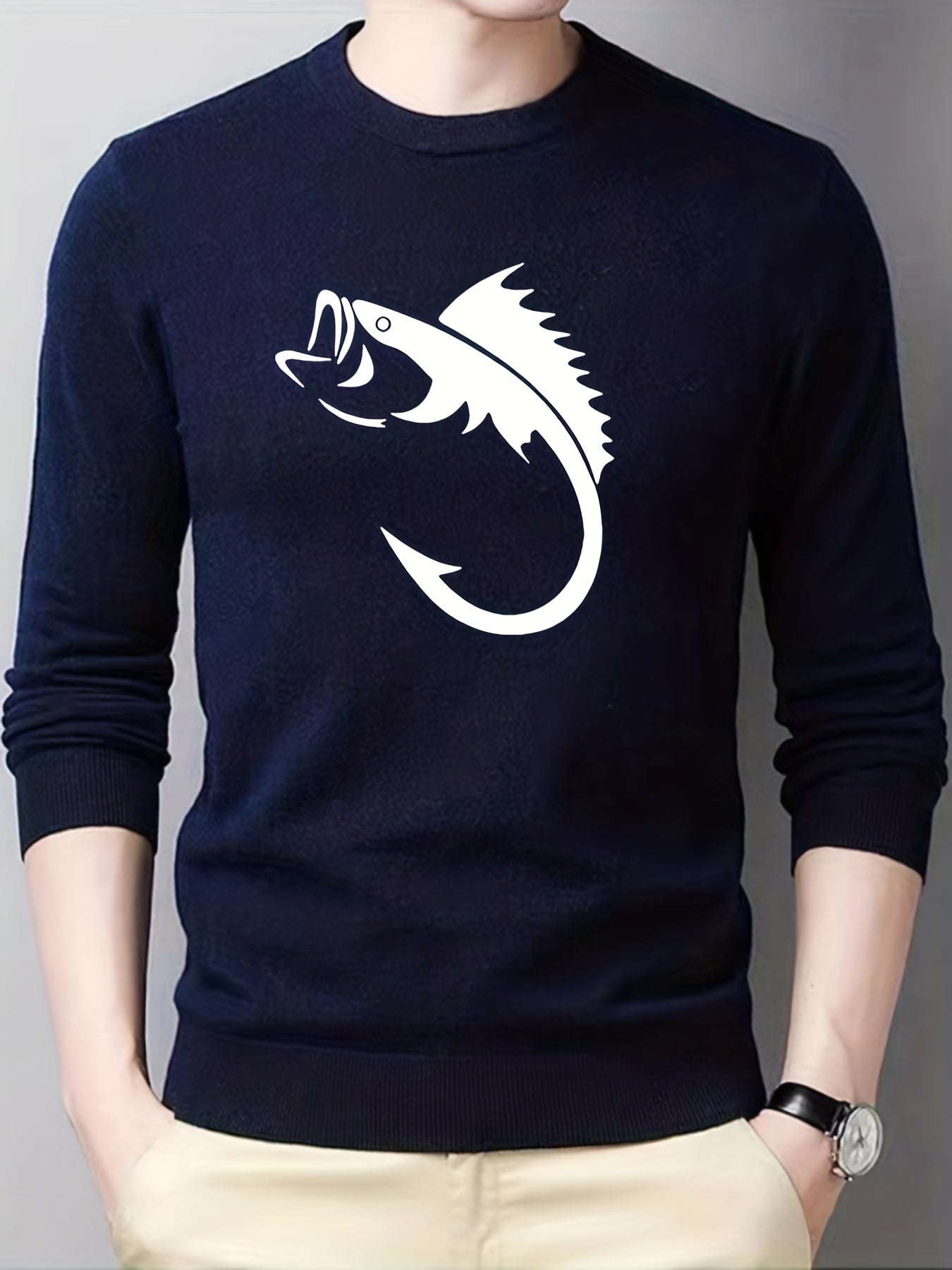 Fish Pattern Knitted Sweater Men's Casual Warm Pullover for Fall Winter