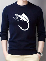 Fish Pattern Knitted Sweater Men's Casual Warm Pullover for Fall Winter