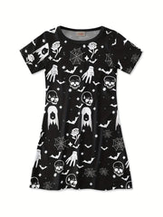 Girls Summer Dress Short Sleeve Mid length Dress Halloween Creative Printing