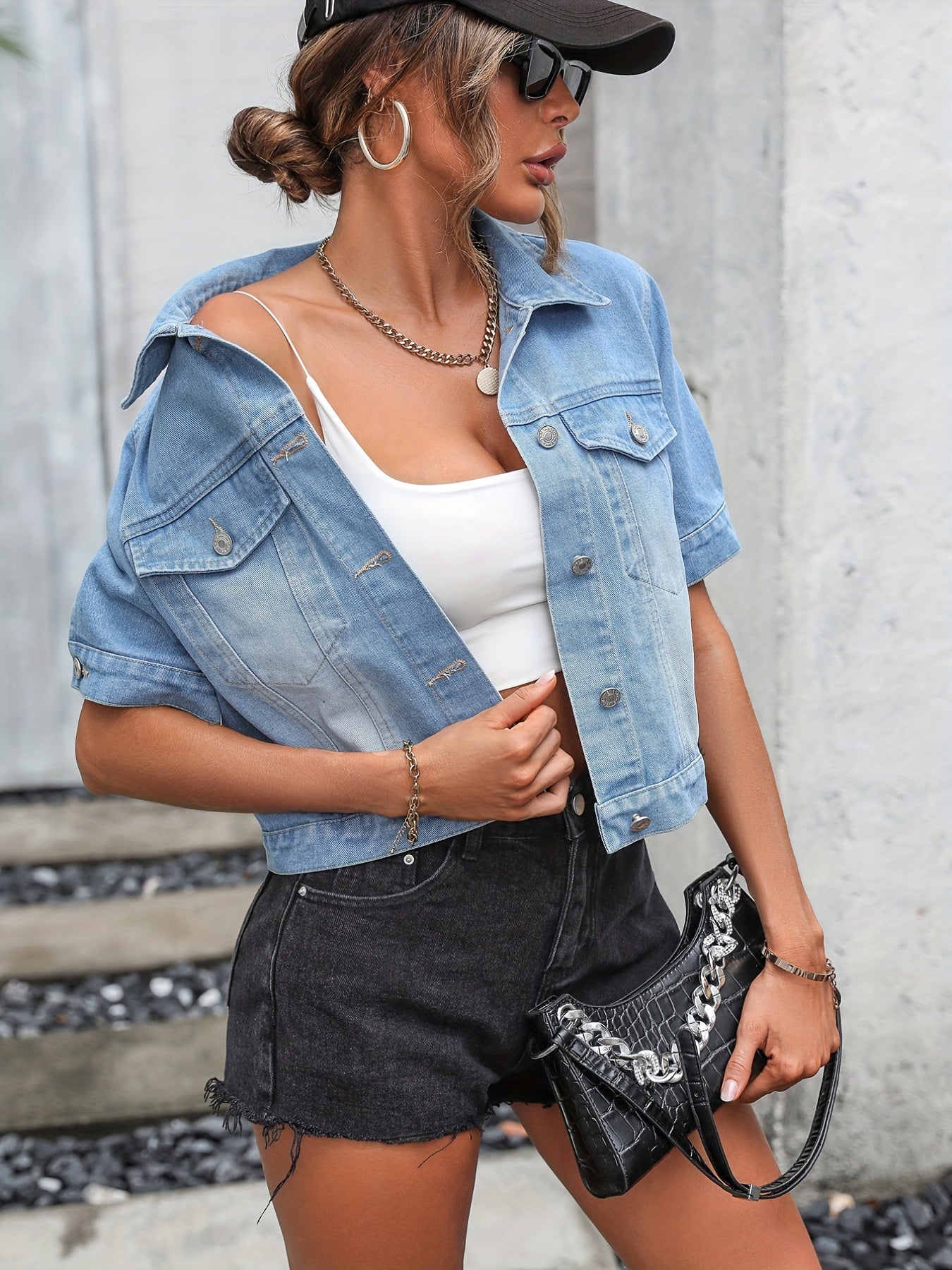 Short Sleeve Denim Coat Button Lapel Cropped Jacket